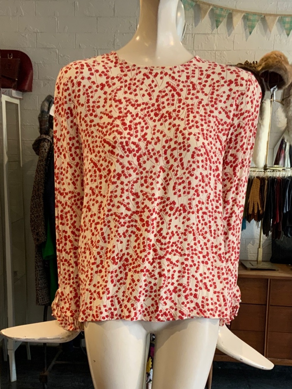 Ganni Cream and Red Floral Long-Sleeve Top